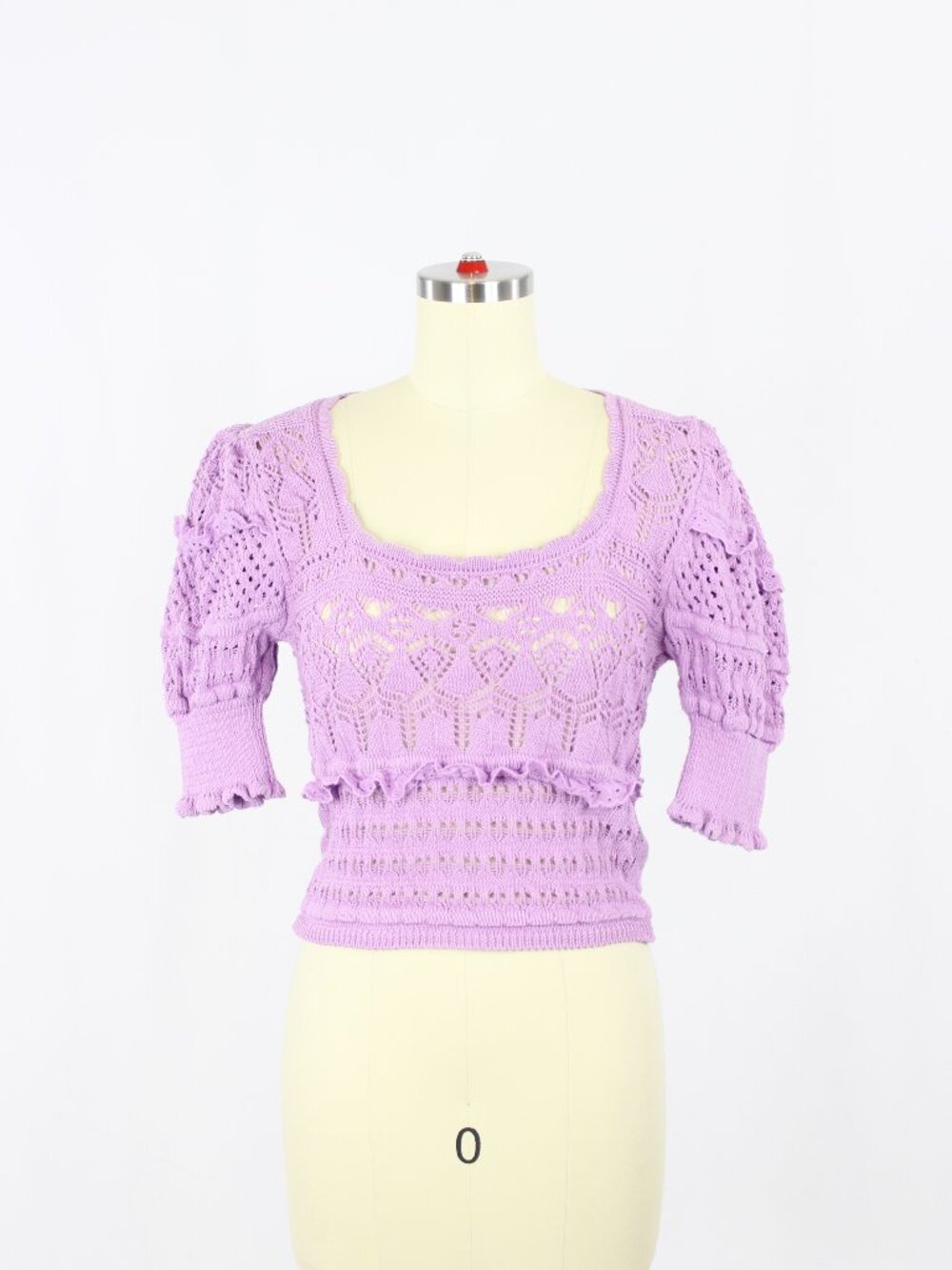ZARA Purple Cotton Blend Crochet Pointelle Knit Puff Sleeve Sweater, Size S